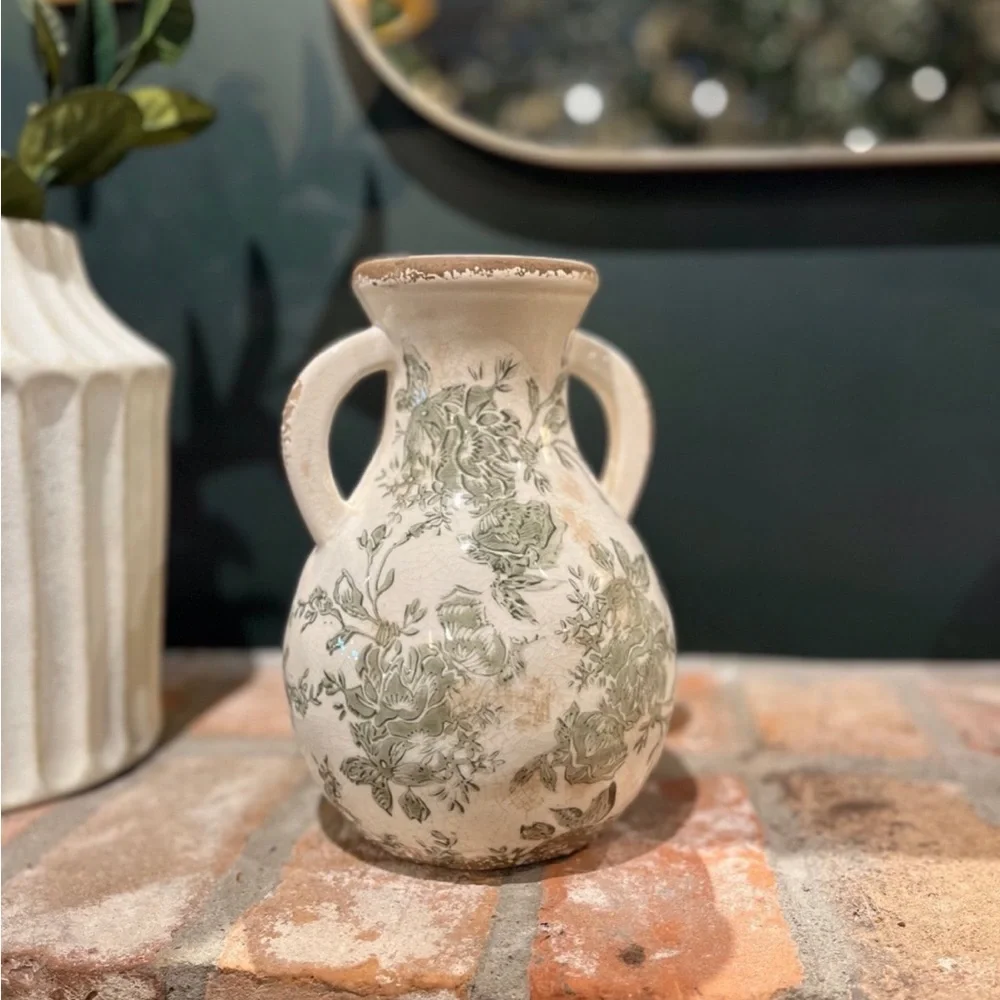 Distressed Floral Vase with Handles - Magnolia